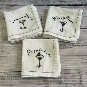Pottery Barn Embroidered Cocktail Napkins Lemon
Drop/Blue Moon/Appletini